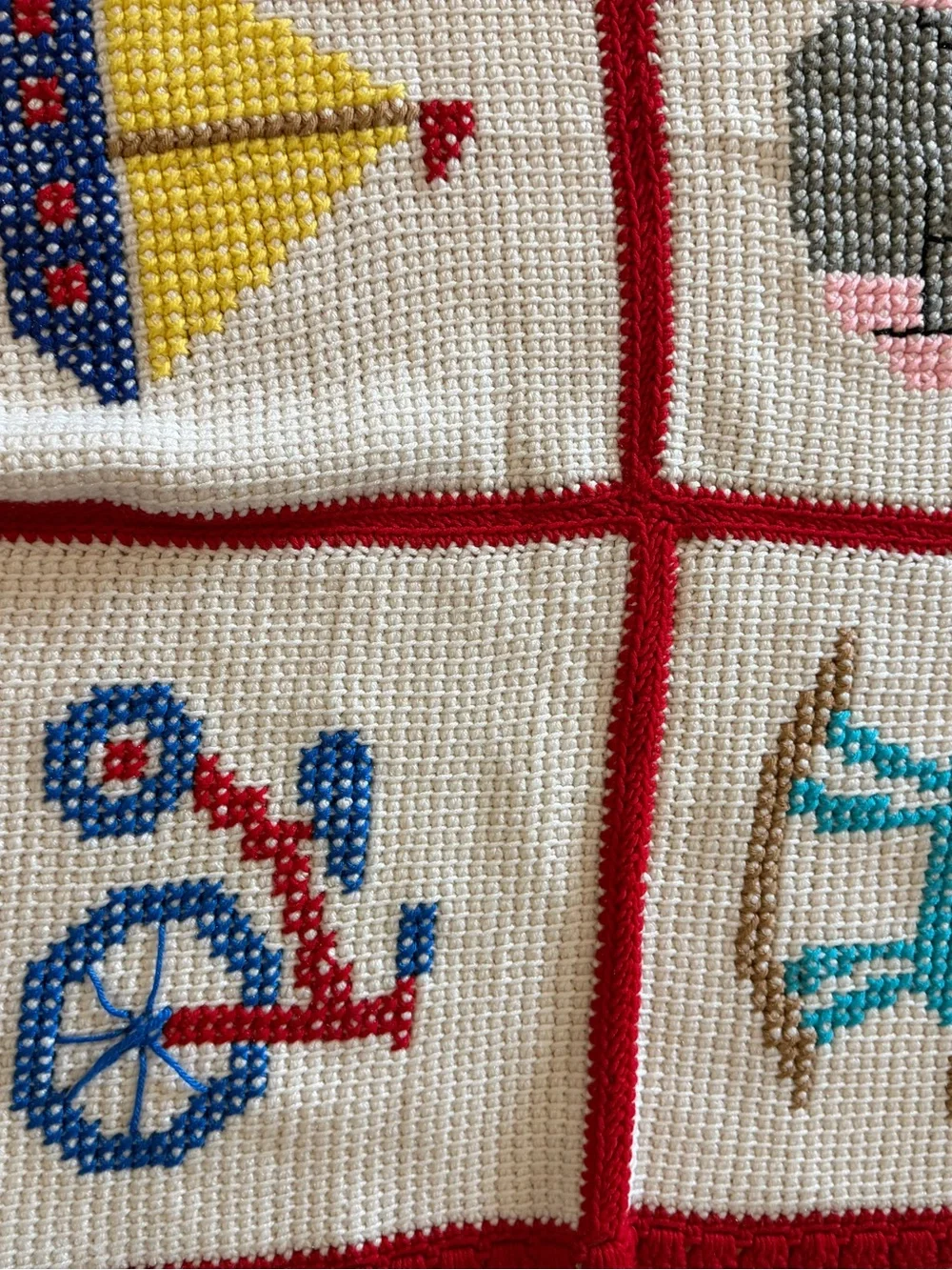 Lot Of 2 1980'S Vintage Primary Colors Hand Crochet Baby Toddler Crib Blankets